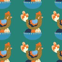 Easter pattern with a plate with eggs and a chicken sitting on eggs. vector