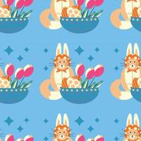 Easter pattern with a plate with eggs and a cat with rabbit ears, and flowers tulips. vector