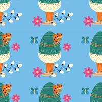 Easter pattern with an egg on a stand with an ornament, a blooming willow branch and a ladybug. Color vector illustration on a blue background.