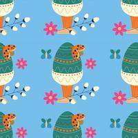 Easter pattern with an egg on a stand with an ornament, a blooming willow branch and a ladybug. Color vector illustration on a blue background.