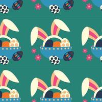 Easter pattern with a plate with eggs and rabbit ears, and flowers. vector