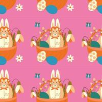 Easter pattern with a cat with rabbit ears, flowers, snowdrops, in a basket with eggs. vector