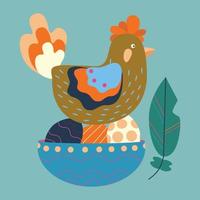 A chicken sits on Easter eggs with ornaments and feathers. vector