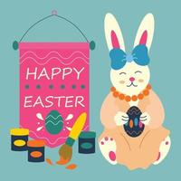Easter bunny with egg in paws, paints with a brush, text, lettering Happy Easter. vector
