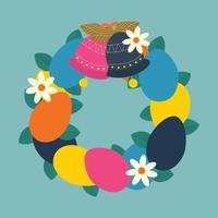 Easter wreath with leaves, eggs and bells.  Color vector illustration.