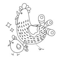 A funny bird with a chicken and ornaments. Line art. Vector illustration.