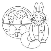 Easter basket with eggs, cupcake, bow and funny cat with rabbit ears. Line art. vector