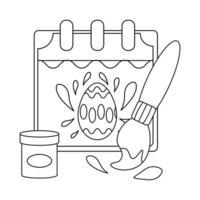 An Easter calendar with an egg, a brush with paint for coloring eggs. Line art. vector