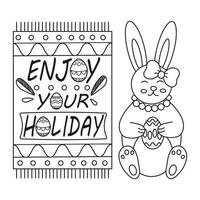 Easter cute bunny rabbit with egg and text enjoy your holidays. Line art. vector