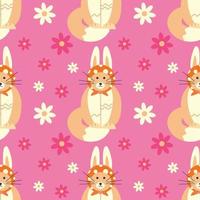 Easter pattern with a cat with rabbit ears, flowers. Color vector illustration.