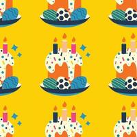 Easter pattern with eggs with ornament, Easter cupcake, candles, on a plate. vector
