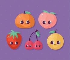 cinco kawaii frutas vector