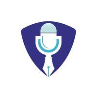 Pen microphone conference podcast radio logo design. Education podcast vector logo design.