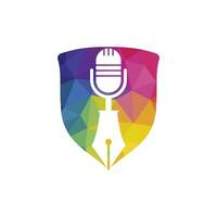 Pen microphone conference podcast radio logo design. Education podcast vector logo design.