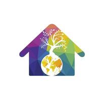 Globe tree with home vector logo design template. Planet and eco symbol or icon.