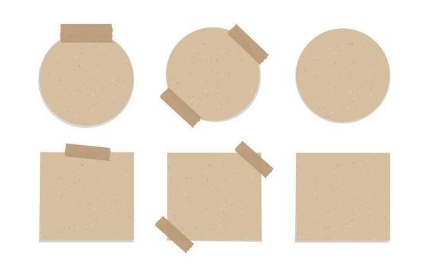 Aesthetic vintage brown paper note set. Recycled memo paper with adhesive tape vector illustration.