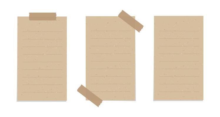 Taped vintage brown torn paper illustration template set. Recycled memo note paper with adhesive tape.