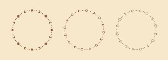 Mystic celestial round frame with sun, stars, moon phases, crescents and copy space. Ornate bohemian magical background collection. vector