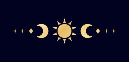 Gold celestial text divider with sun, stars, moon phases, crescents. Ornate boho mystic separator decorative element vector