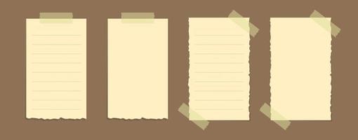 Torn yellow sticky note vector illustration set. Taped office memo paper mockup template.