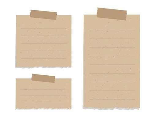 Vintage brown torn paper note set. Recycled memo paper with adhesive tape vector illustration.
