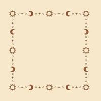 Mystic celestial frame with sun, stars, moon phases, crescents and copy space. Ornate bohemian magical background. vector