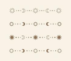 Celestial mystic separator set with sun, stars, moon phases, crescents. Ornate boho magical divider decorative element vector