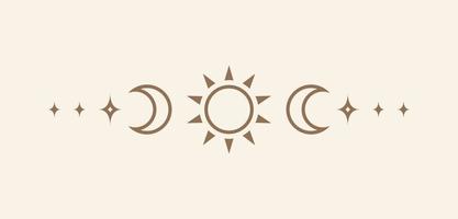 Celestial text divider with sun, stars, moon phases, crescents. Ornate boho mystic separator decorative element vector