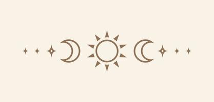 Celestial text divider with sun, stars, moon phases, crescents. Ornate boho mystic separator decorative element vector