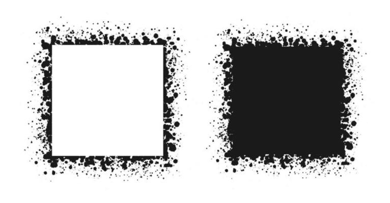 Square grunge ink splatter frame. Spray graffiti stencil border template.