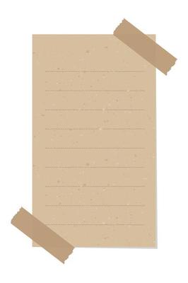 Aesthetic vertical vintage brown paper note illustration. Recycled memo paper with adhesive tape template.