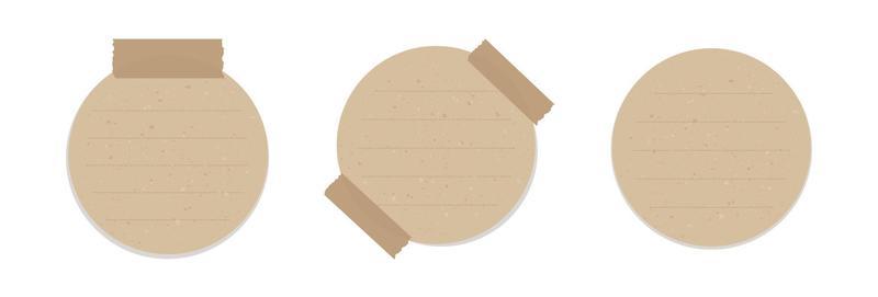 Round vintage brown paper note set. Recycled memo paper with adhesive tape.