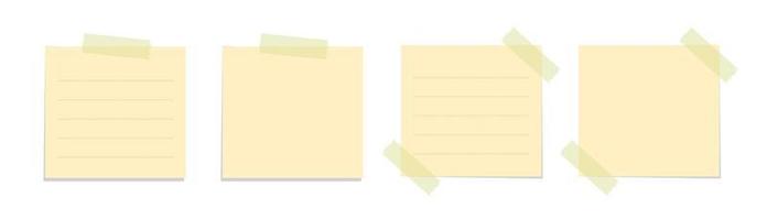 Yellow sticky note vector illustration set. Taped square office memo paper template mockup.