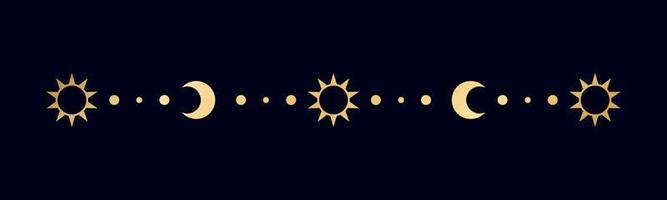 Gold celestial separator with sun, stars, moon phases, crescents. Ornate boho mystic divider decorative element vector