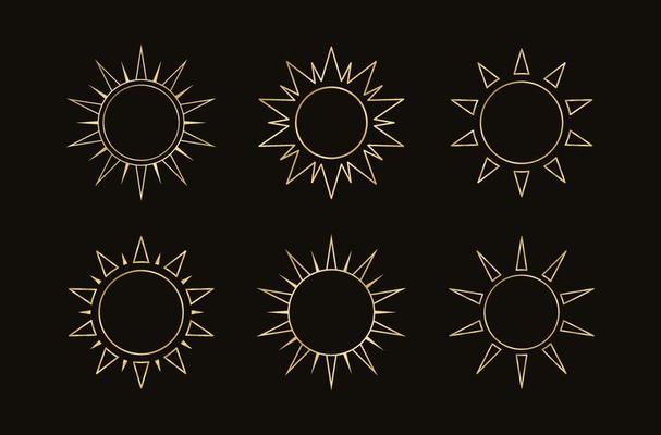 Golden boho celestial sun icon outline set. Simple modern abstract design for templates, prints, web, social media posts