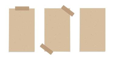 Taped vintage brown torn paper illustration template set. Recycled memo note paper with adhesive tape. vector