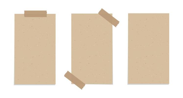 Taped vintage brown torn paper illustration template set. Recycled memo note paper with adhesive tape.