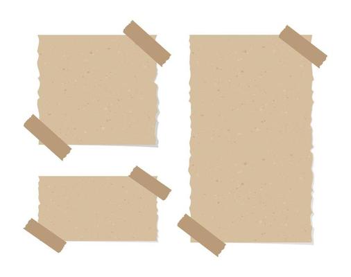 Vintage brown torn paper note set. Recycled memo paper with adhesive tape vector illustration.