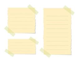 Torn yellow sticky note vector illustration set. Taped office memo paper mockup template.