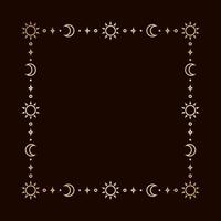 Mystic celestial square golden frame with sun, stars, moon phases, crescents and copy space. Ornate magical background. vector