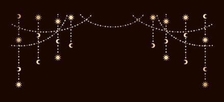 Gold mystic celestial hanging garland with sun, stars, moon phases, crescents. Ornate bohemian magical curtain decorative element vector