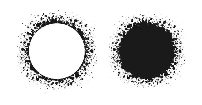 Round grunge ink splatter frame set. Spray graffiti stencil border template.
