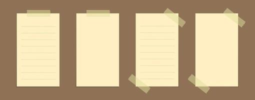 Yellow sticky note vector illustration set. Taped vertical page office memo paper template mockup.