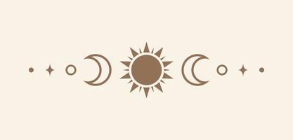 Celestial text divider with sun, stars, moon phases, crescents. Ornate boho mystic separator decorative element vector