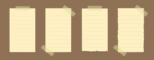 Torn yellow sticky note vector illustration set. Taped office memo paper mockup template.