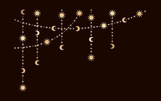 Gold mystic celestial hanging garland frame corner with sun, stars, moon phases, crescents. Ornate bohemian magical curtain decorative element vector