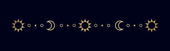 Gold celestial separator with sun, stars, moon phases, crescents. Ornate boho mystic divider decorative element vector