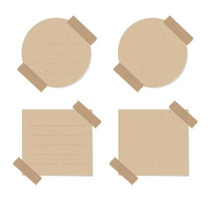 Aesthetic vintage brown paper note set. Recycled memo paper with adhesive tape vector illustration.