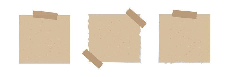 Square vintage brown torn paper illustration set. Recycled memo note paper with adhesive tape.