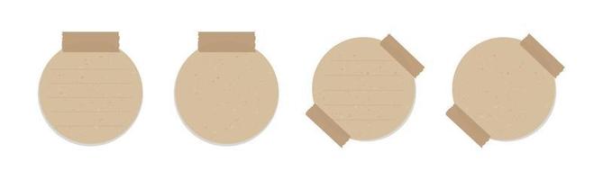 Round vintage brown paper note set. Recycled memo paper with adhesive tape. vector